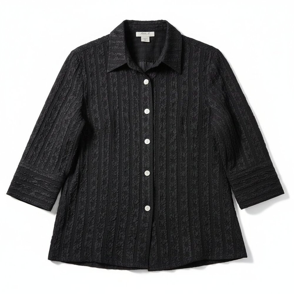 Anis A. Silk Top XL Women's‎ Black Vintage Textured 3/4 Sleeves MOP Buttons